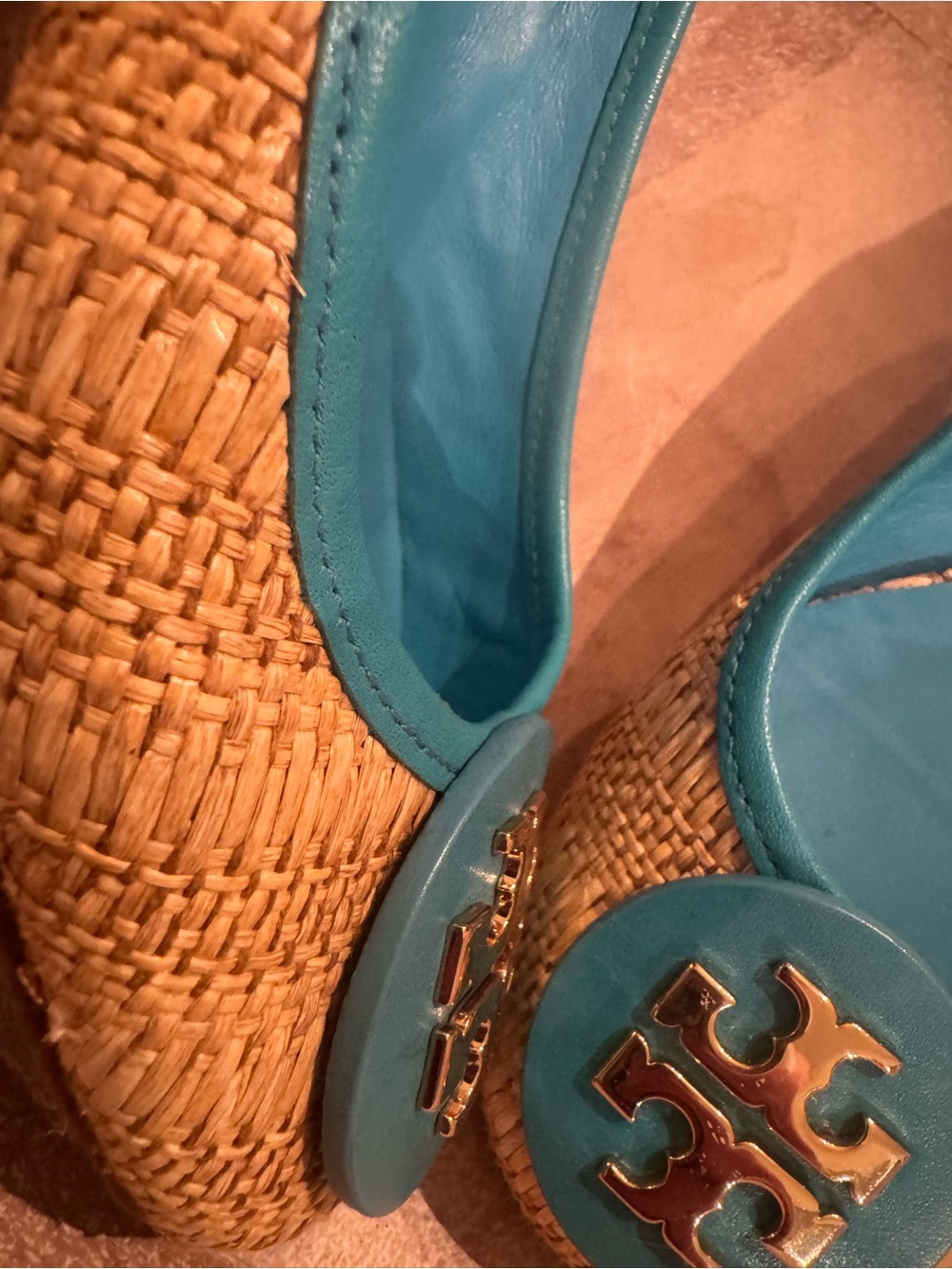 Tory Burch Teal Raffia Logo Ballet Flats - Picture 3 of 6